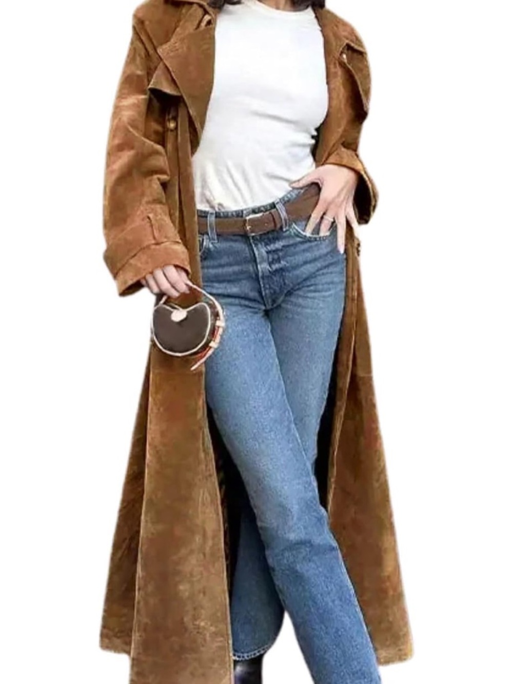 Long Brown Faux Suede Trench Coat - Classic Camel Small sz 6